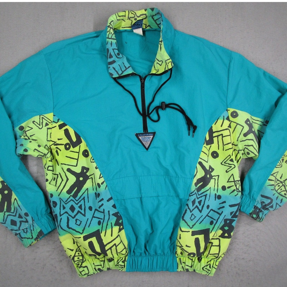 Vintage California Blues Windbreaker Jacket Men Large Teal Neon 90s Pullover USA